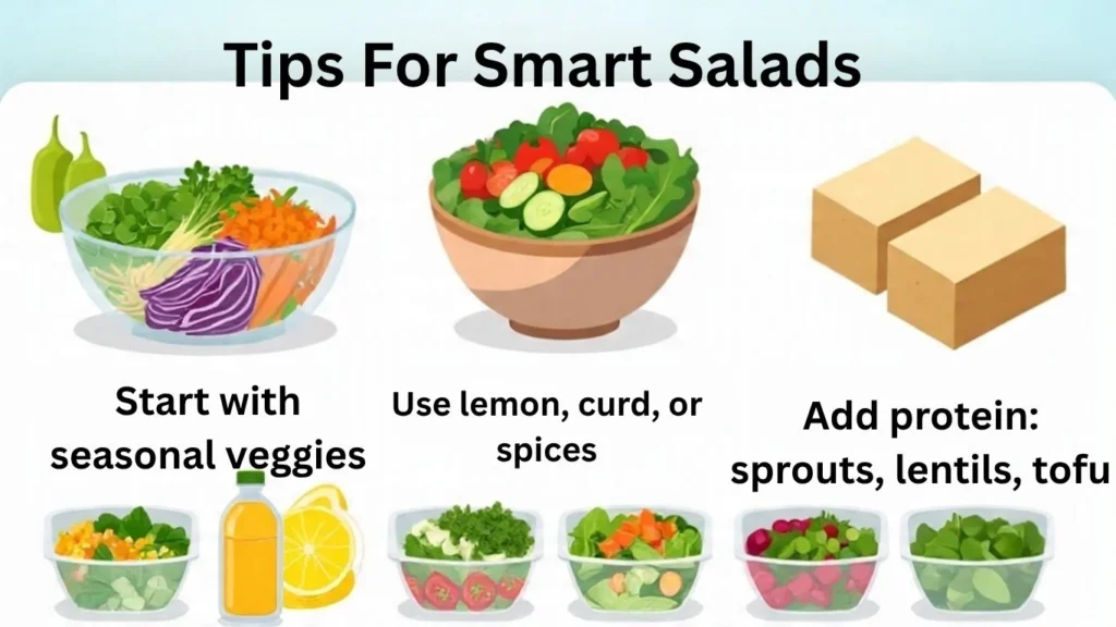 A variety of Indian salads and healthy side dishes like sprouted moong salad, raita, and kachumber displayed in colorful bowls