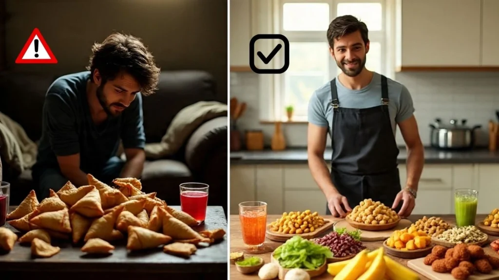 Comparison of unhealthy fried snacks versus healthy Indian options like roasted makhana, moong chilla, and fruit slices