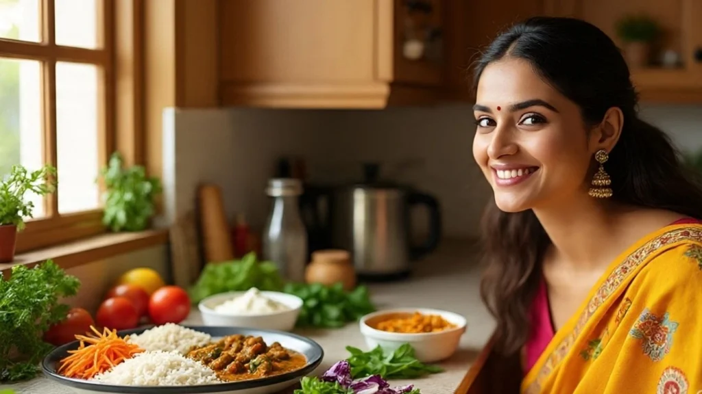Healthy Indian lunch with dal, brown rice, salad, and vegetables served in a home kitchen setting, symbolizing balanced nutritious meals