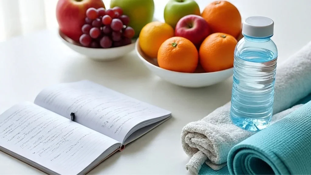 a fitness journal with fruits and bottle full of water
