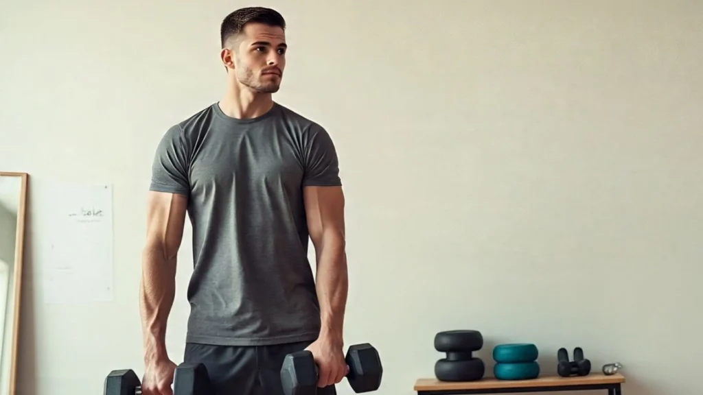 a photograph of a cheerful young indian man doing home work out following healthy lifestyle routine