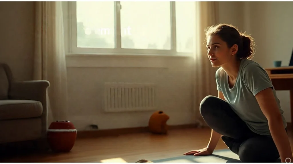a photograph of a cheerful young indian women doing home work out following healthy lifestyle routine