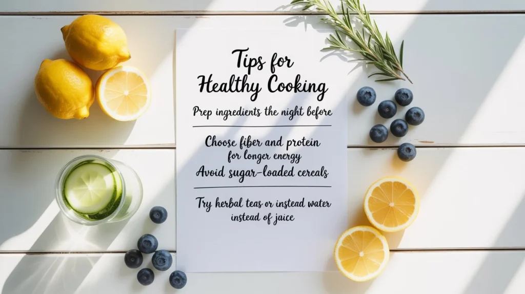 Prep ingredients the night before Choose fiber and protein for longer energy Avoid sugar-loaded cereals Try herbal teas or infused water instead of juice