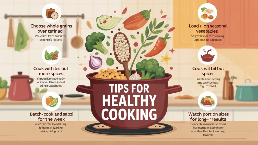 Choose whole grains over refined Load up on seasonal vegetables Cook with less oil but more spices Batch-cook dal and sabzi for the week Watch portion sizes for long-term results