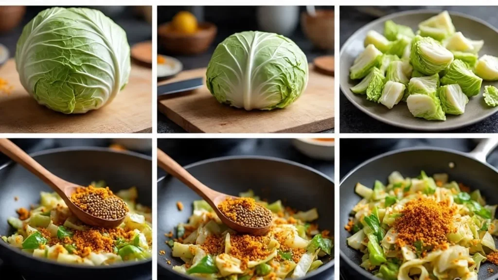 cooking process of cabbage stir fry with mustard seeds in a skillet