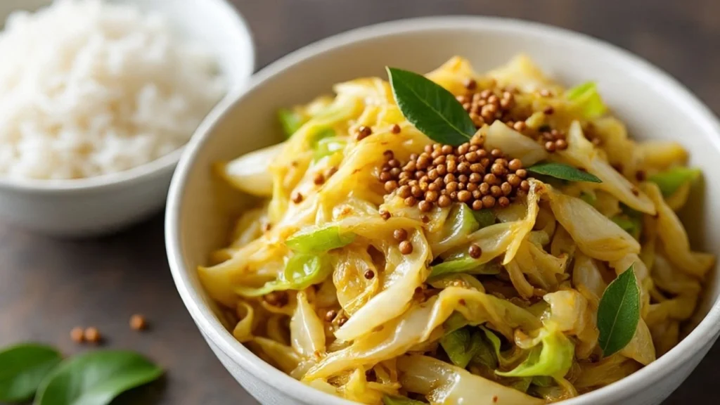 indian cabbage stir fry with mustard seeds served in a rustic bowl