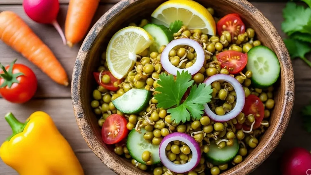 1 indian sprouted moong salad in a rustic bowl with lemon wedges and coriander – healthy sprouts salad recipe for weight loss