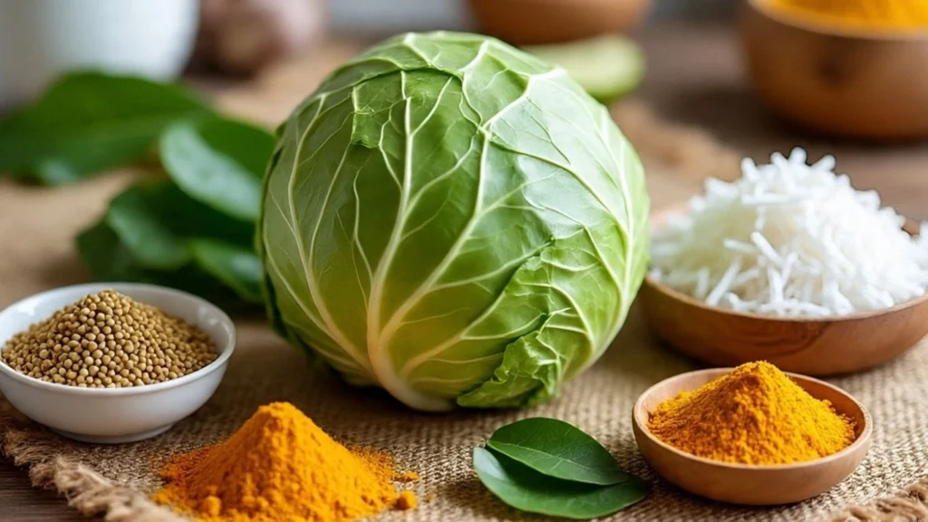 ingredients for cabbage mustard recipe laid out on a kitchen counter
