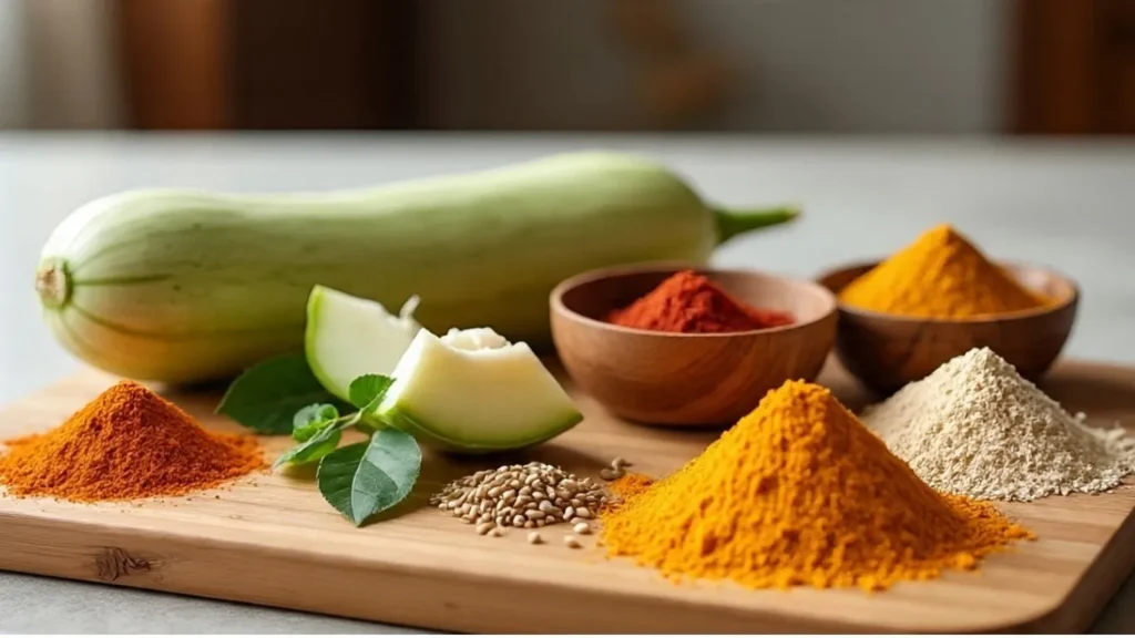 ingredients for steamed lauki muthia including grated bottle gourd, flours, and spices