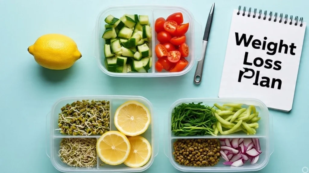 meal prep containers with sprouted moong salad and weight loss plan notes – sprouts salad recipe for weight loss