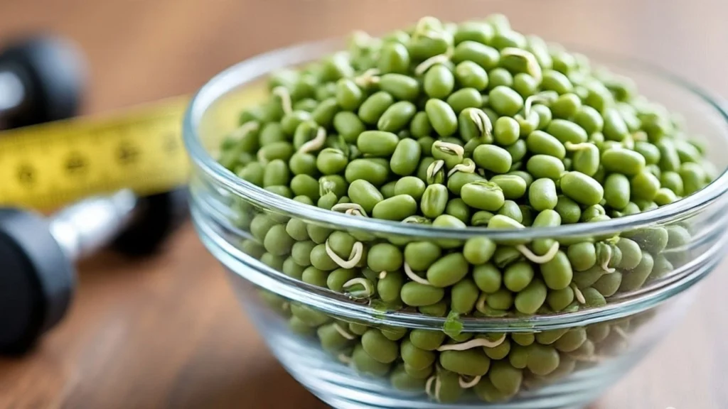 raw sprouted moong beans in a glass bowl with fitness accessories – sprouted moong dal salad benefits for weight loss