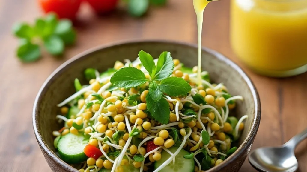 sprouted moong salad with lemon dressing being poured – tangy and refreshing indian sprouts salad recipe