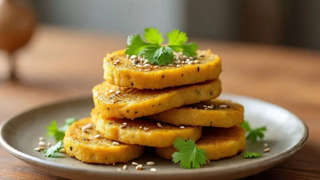 steamed lauki muthia slices served with tempered spices and coriander
