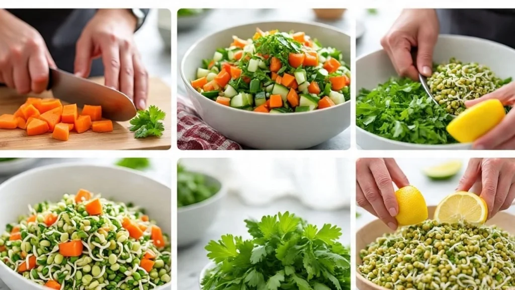 step by step preparation of sprouted moong dal salad with chopped vegetables and lemon – easy indian sprouts salad recipe