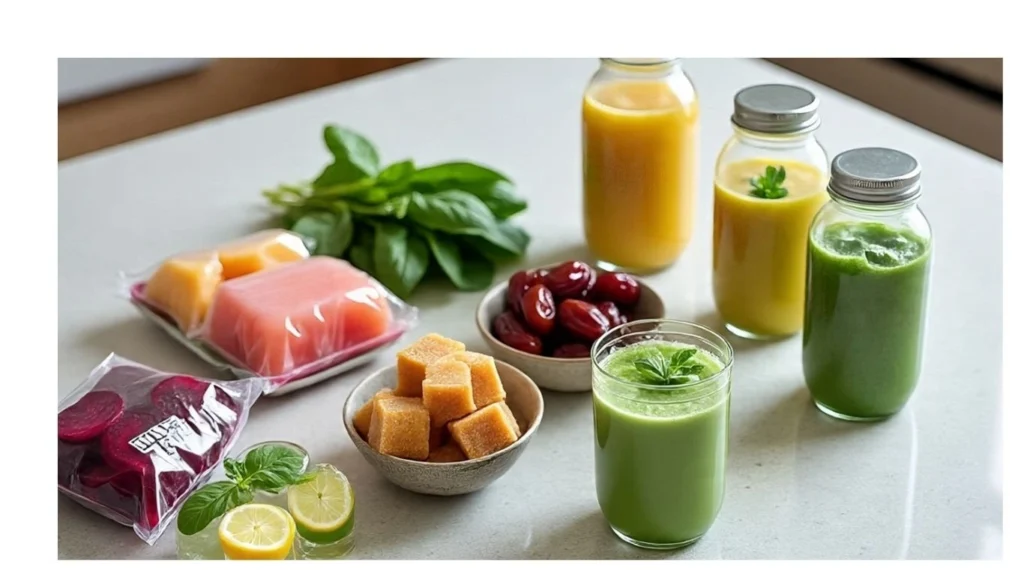 Healthy beverage prep with jaggery, dates, frozen fruits, spinach, beetroot, and herb-infused ice cubes on a kitchen counter