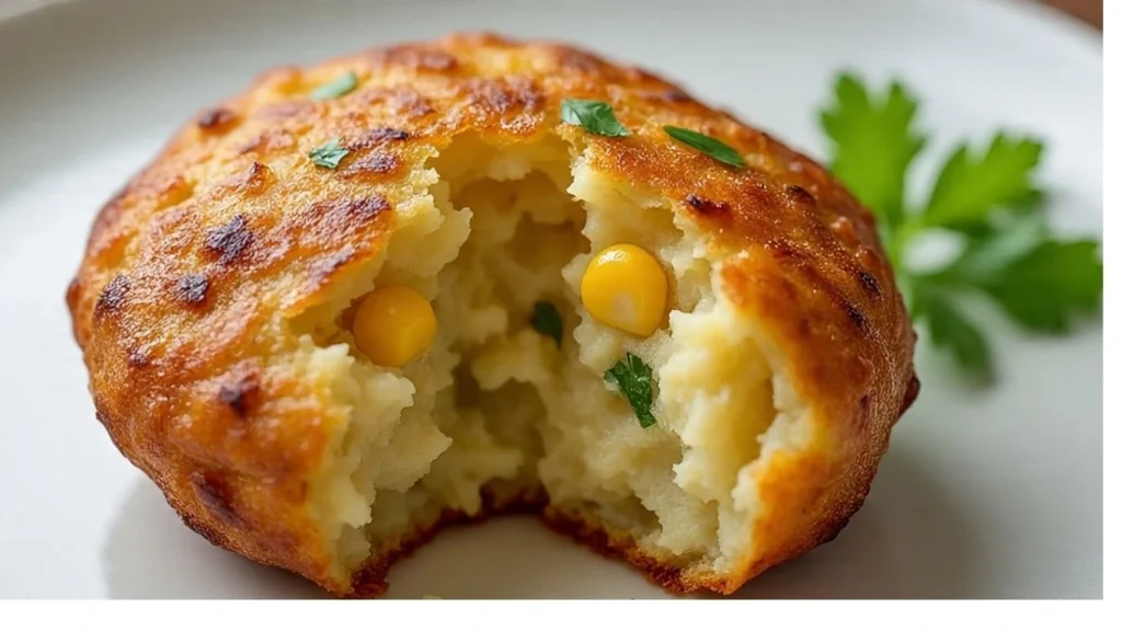 Close-up of crispy potato corn fritter with sweet corn filling