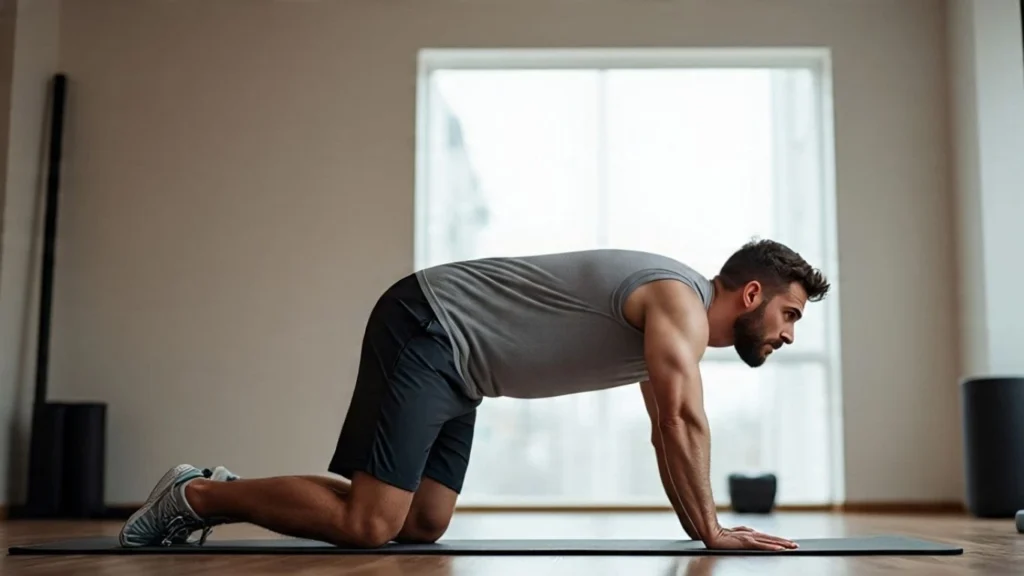 Pixar-style 3D character performing a glute bridge with a resistance band, targeting lower body toning.