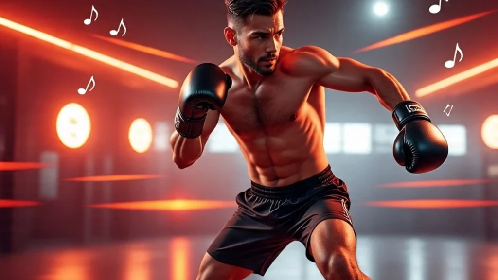 Sporty animated character in mid-kickboxing pose with glove raised, punching forward in a vibrant 3D home workout scene featuring a digital timer and energetic music notes.