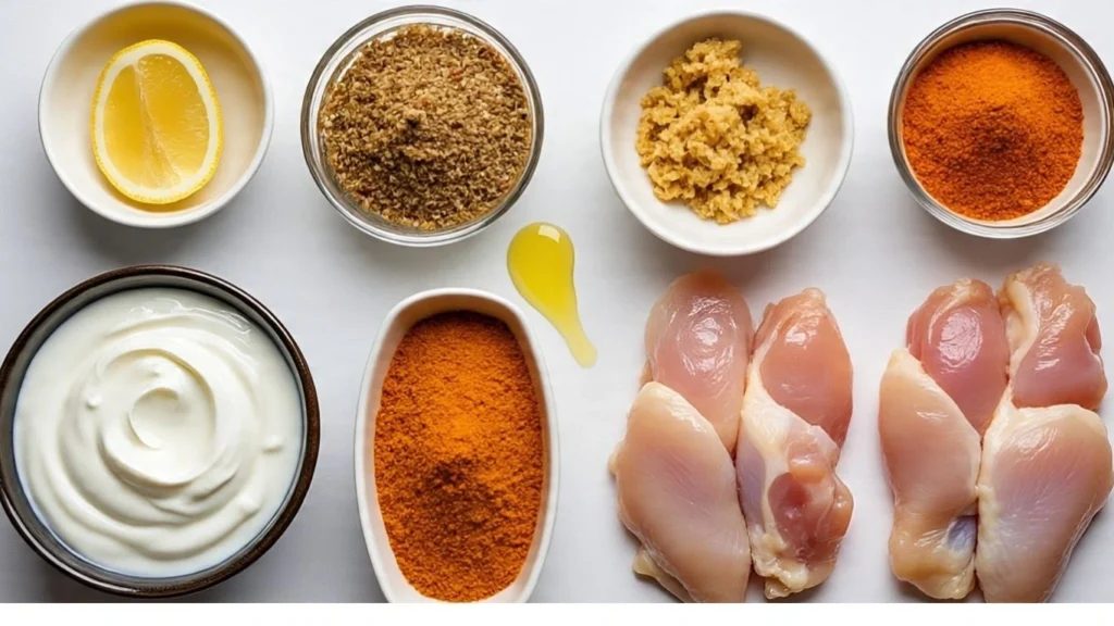 Ingredients for Grilled Tandoori Chicken including yogurt, chicken, lemon juice, ginger-garlic paste, and Indian spices displayed on a kitchen counter.