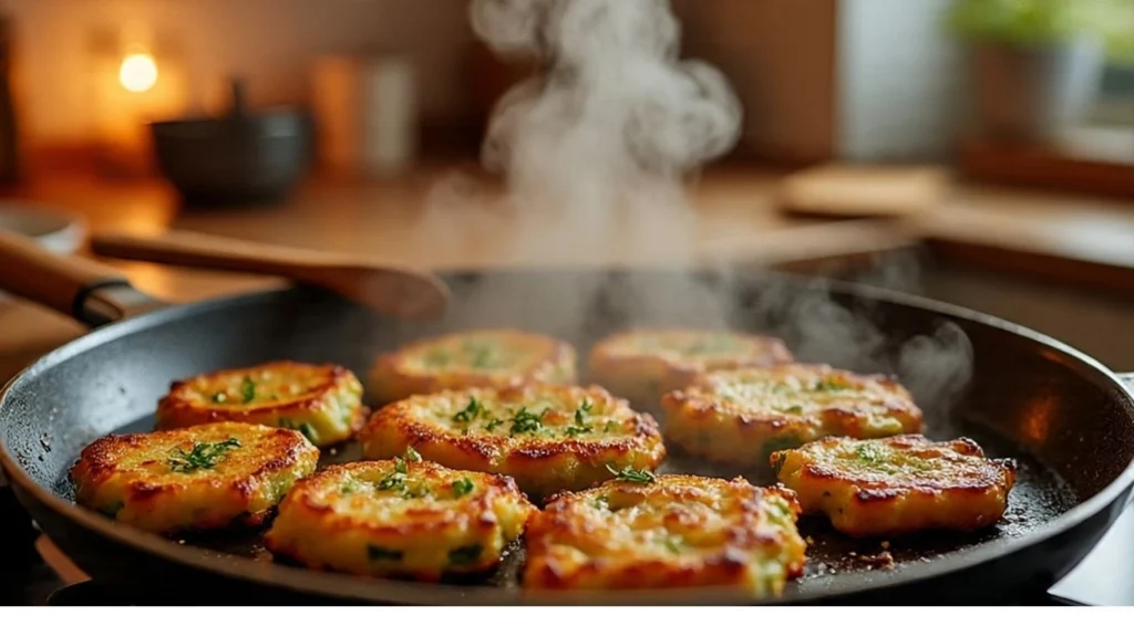 Shallow frying potato corn fritters in a non-stick pan