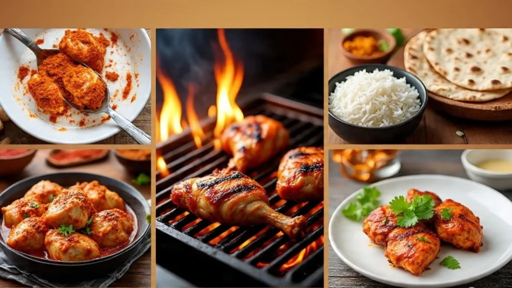 Cooking steps of Grilled Tandoori Chicken from marination to grilling and final plating with chutney and salad