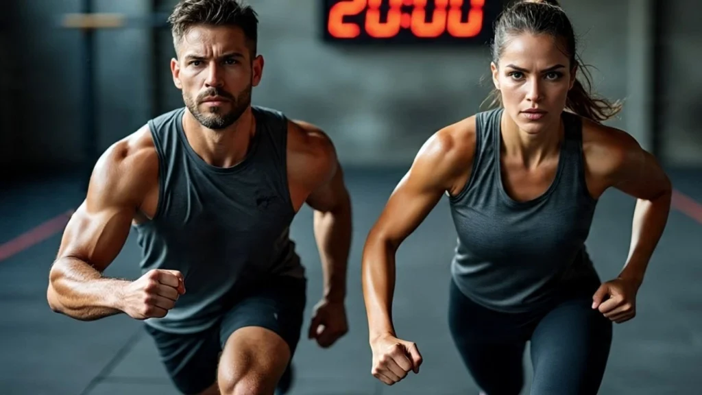 Determined 3D character in mid-sprint lunge during intense Tabata workout, with sweat flying and a glowing 20-minute digital timer in the background.