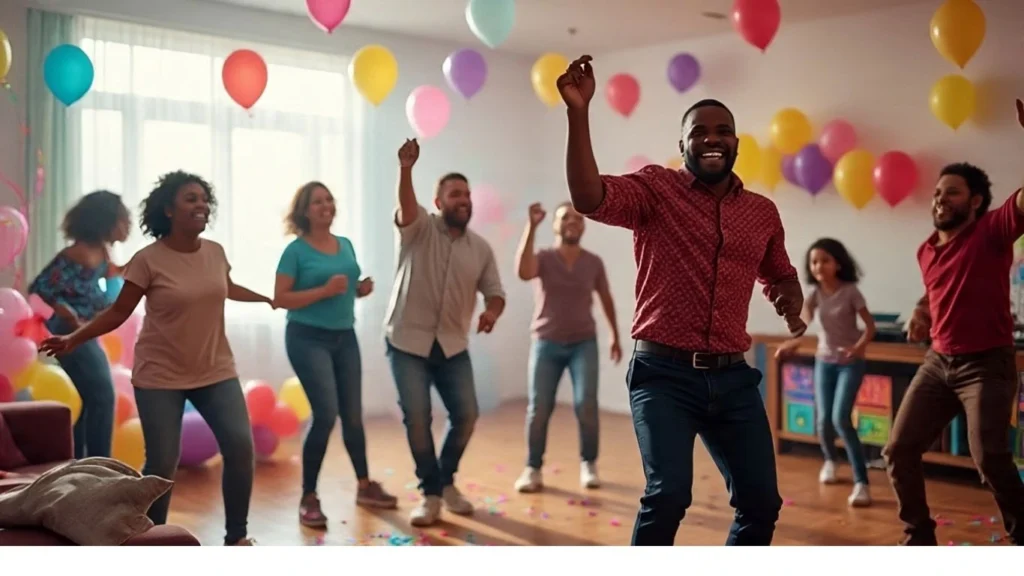 Diverse group of animated characters dancing in a colorful 3D living room with disco lights, confetti, and music waves during a fun dance cardio workout.
