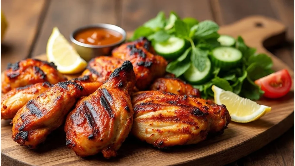 Healthy Indian dinner with grilled Tandoori Chicken, mint chutney, fresh salad, and lemon wedges served on a rustic wooden board.