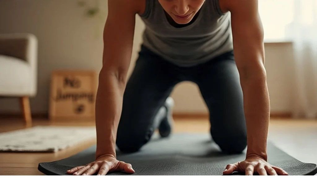 Calm animated character performing low-impact mountain climbers on a padded mat in a joint-friendly home workout space, with a “No Jumping” symbol in view.