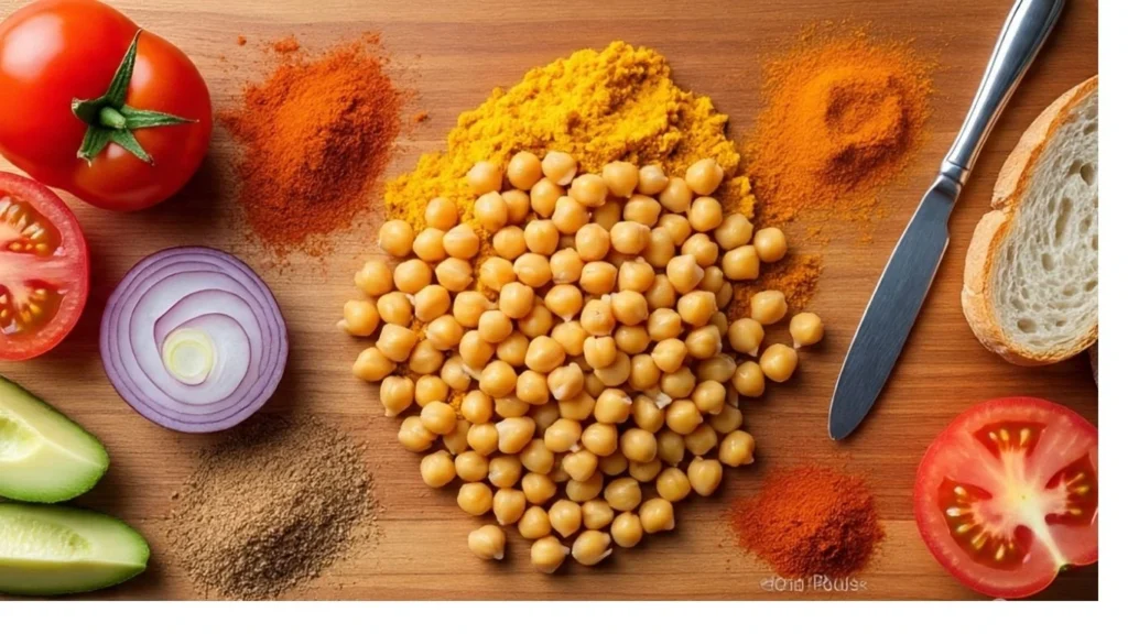Ingredients for healthy Indian sandwich with chickpeas and vegetables