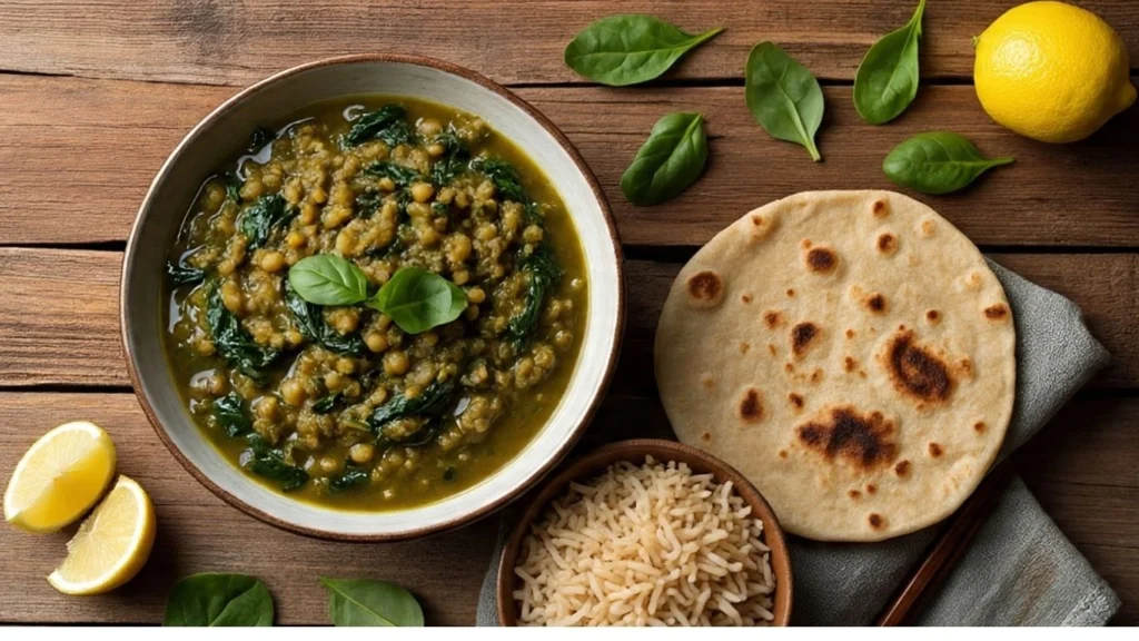 Healthy Indian dinner with Palak Moong Dal served with brown rice and whole wheat roti, fresh spinach and lemon wedges on a rustic wooden table.