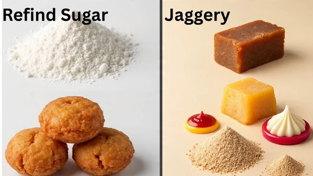 Comparison of traditional sweets vs. healthy Indian dessert ingredients like jaggery, millets, and baked preparation methods.