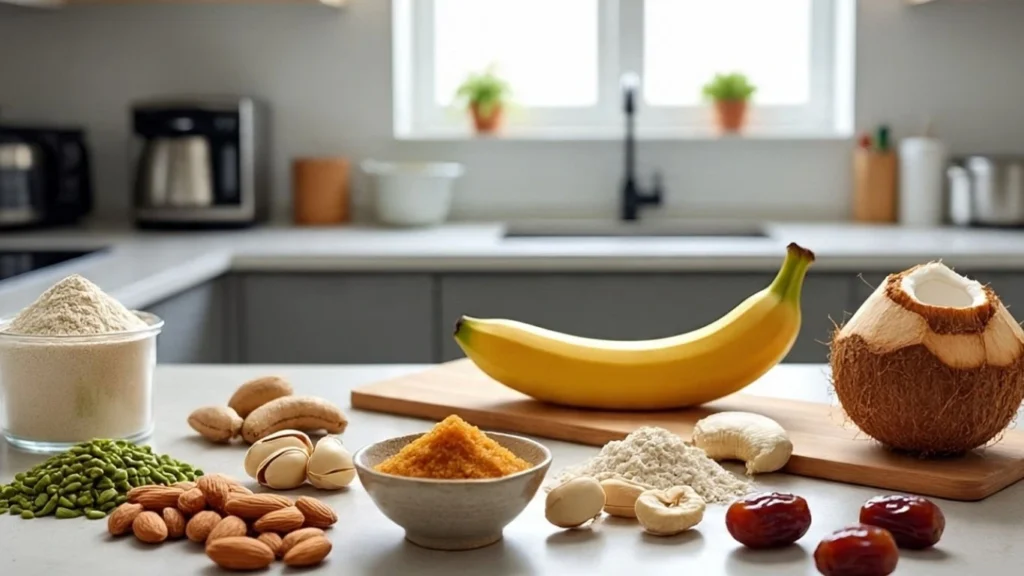 Healthy ingredients for Indian sweets including jaggery, dry fruits, ragi flour, dates, banana, and coconut displayed on a kitchen counter