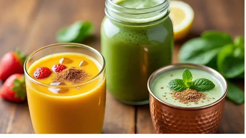 Glass of golden turmeric milk, green smoothie in a mason jar, and a copper cup with mint chaas beside fresh ingredients