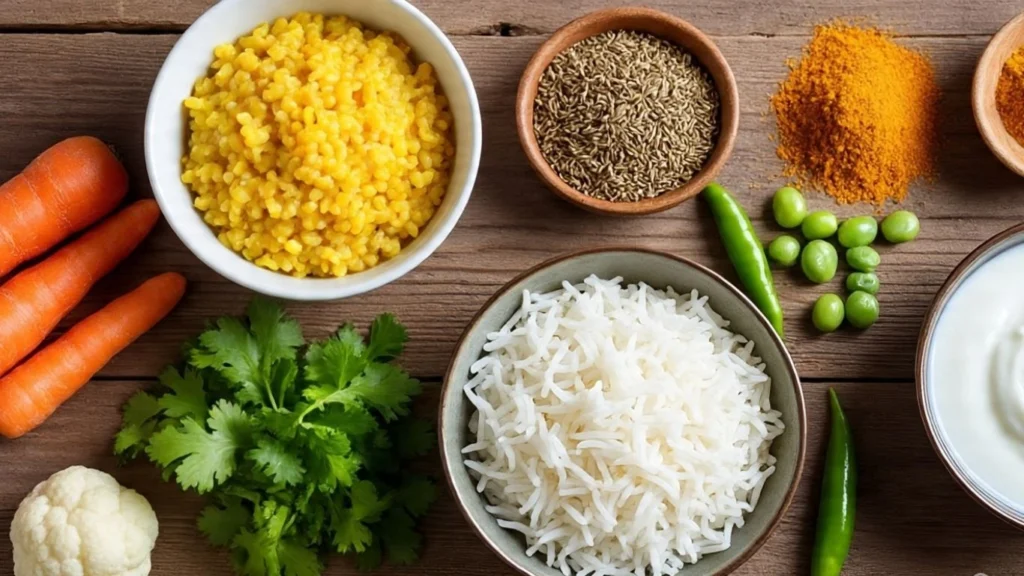 Ingredients for Vegetable Khichdi with ghee and curd – moong dal, rice, vegetables, spices, ghee, and curd – simple healthy Indian lunch recipe