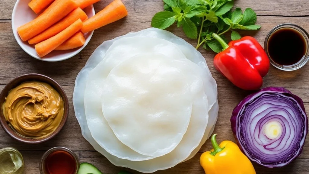 Ingredients for summer rolls with peanut sauce – rice paper sheets, fresh vegetables, herbs, vermicelli noodles, and peanut sauce ingredients – healthy Indian lunch recipe