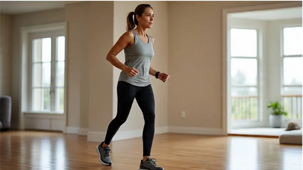 Woman doing indoor walking workout at home with smartwatch tracking steps.