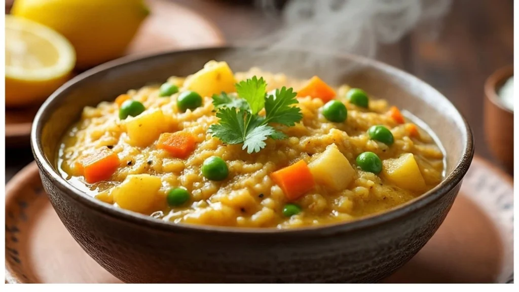 Healthy Indian vegetarian lunch recipe – vegetable khichdi with ghee and curd