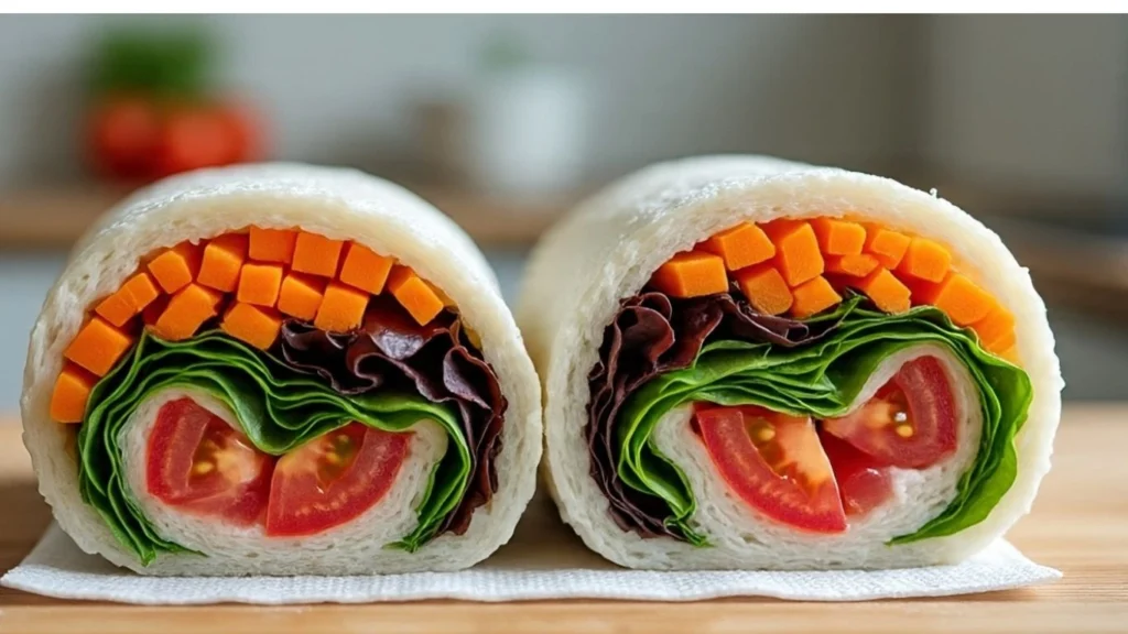 Vegetable summer roll cut open showing carrots, cucumbers, peppers