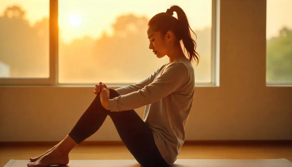 Woman improving flexibility through static stretching with a yoga strap