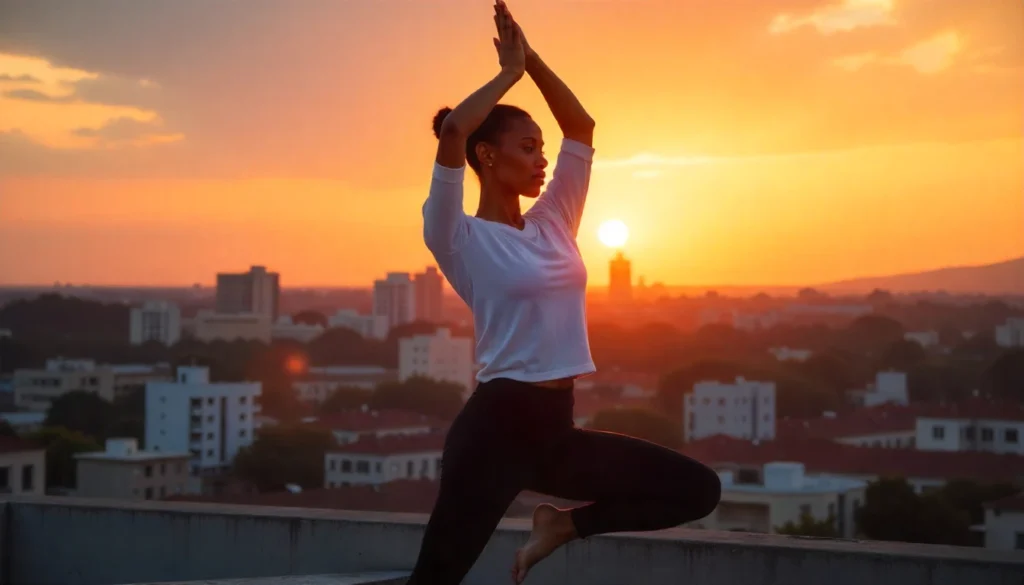 Yoga for flexibility – woman doing sun salutation during golden hour rooftop session.