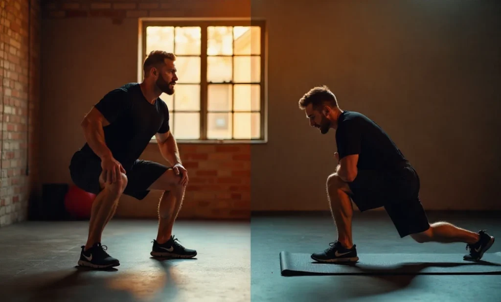 Comparison of mobility vs flexibility – dynamic movement vs static stretch demonstrated by two athletes
