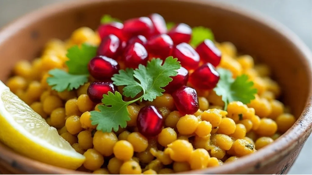 Moong dal chaat served in a bowl with coriander and pomegranate – healthy Indian snack for weight loss