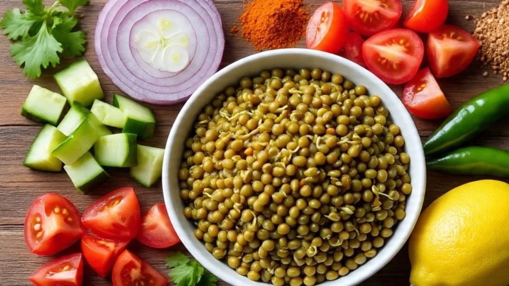 Ingredients for moong dal chaat – sprouted moong, chopped vegetables, lemon, and spices – healthy Indian snack recipe