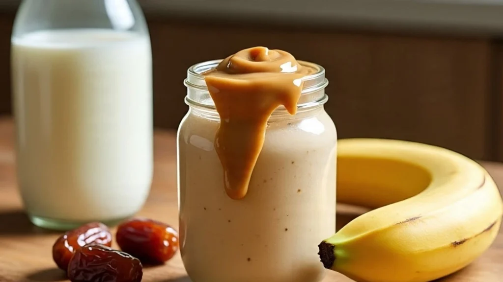 banana date peanut butter protein shake, a recovery drink for muscle gain and energy