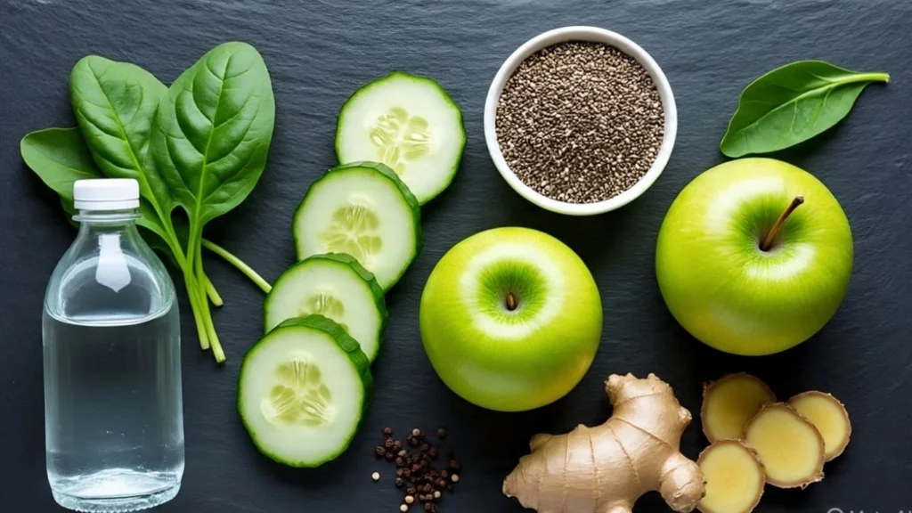 detox ingredients for green goddess smoothie spinach, cucumber, apple, chia seeds, ginger, and pepper