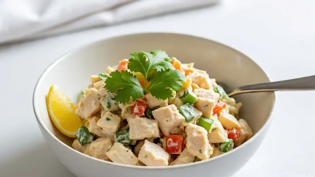 easy 5 minute indian style chicken salad in a bowl, a healthy high protein snack for weight loss