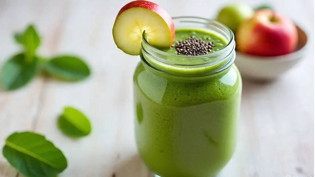 green goddess chia smoothie, a healthy indian veg drink for weight loss and detox