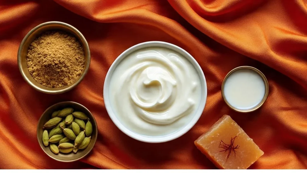 ingredients for a spiced indian peanut butter lassi yogurt, peanut butter, cardamom, saffron, and jaggery