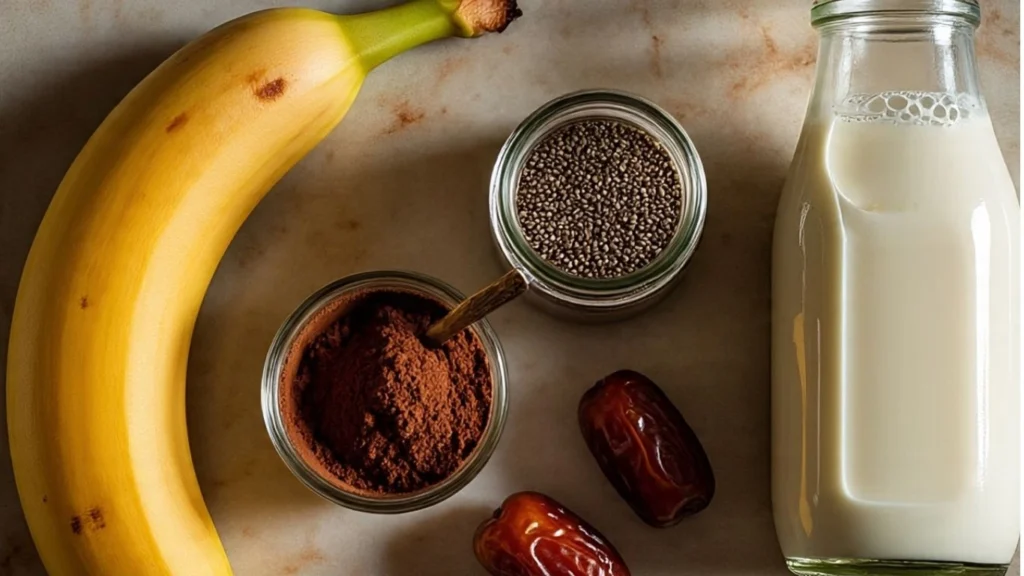 ingredients for chocolate banana power smoothie bananas, milk, chia seeds, cocoa powder, and dates